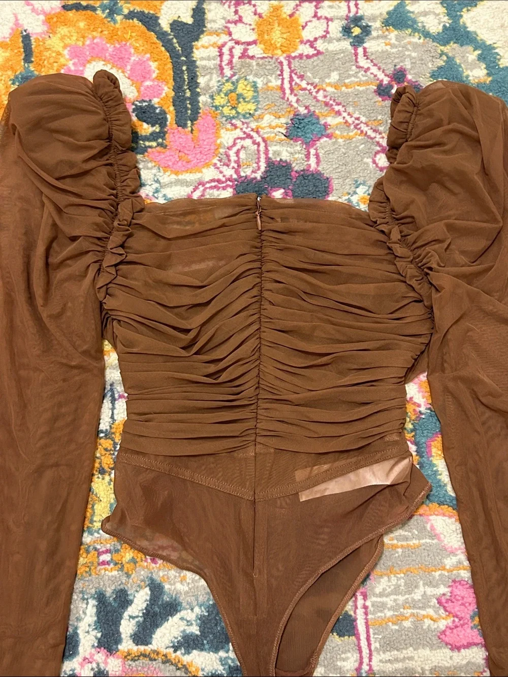House Of CB Emme Mocha Ruched Chiffon Puff Sleeve Bodysuit Top Size Large